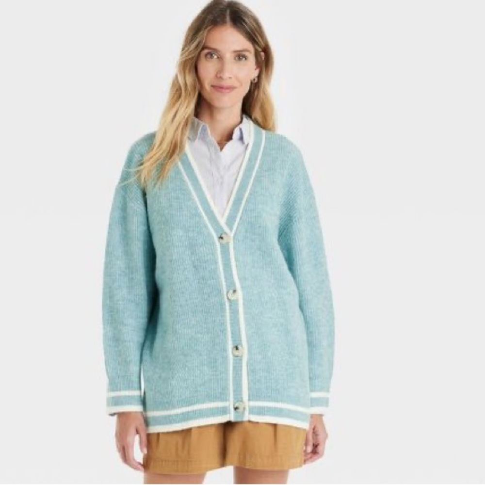 Teal/Blue long cardigan with white accents